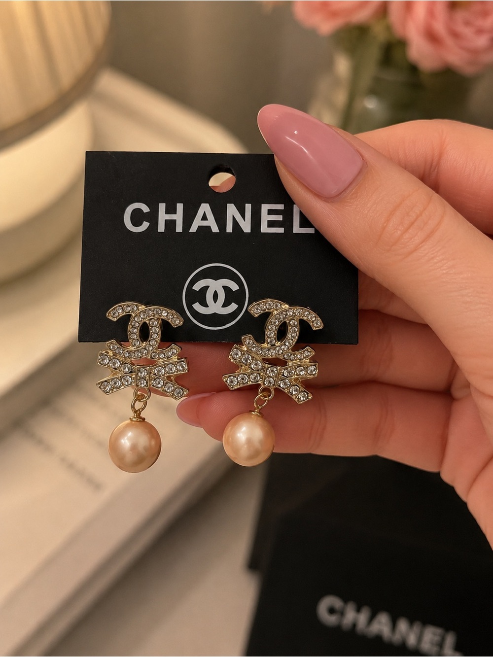 CHANEL stamped Gold-Tone Crystal CC Drop Pearl Earrings - Pink Pearl
